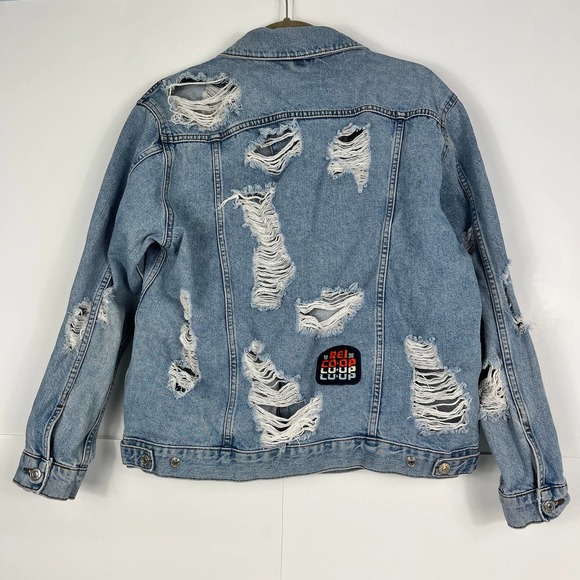 Topshop Moto Size 6 Oversized Very Distressed Light Wash Denim Jacket Blue - Picture 4 of 14
